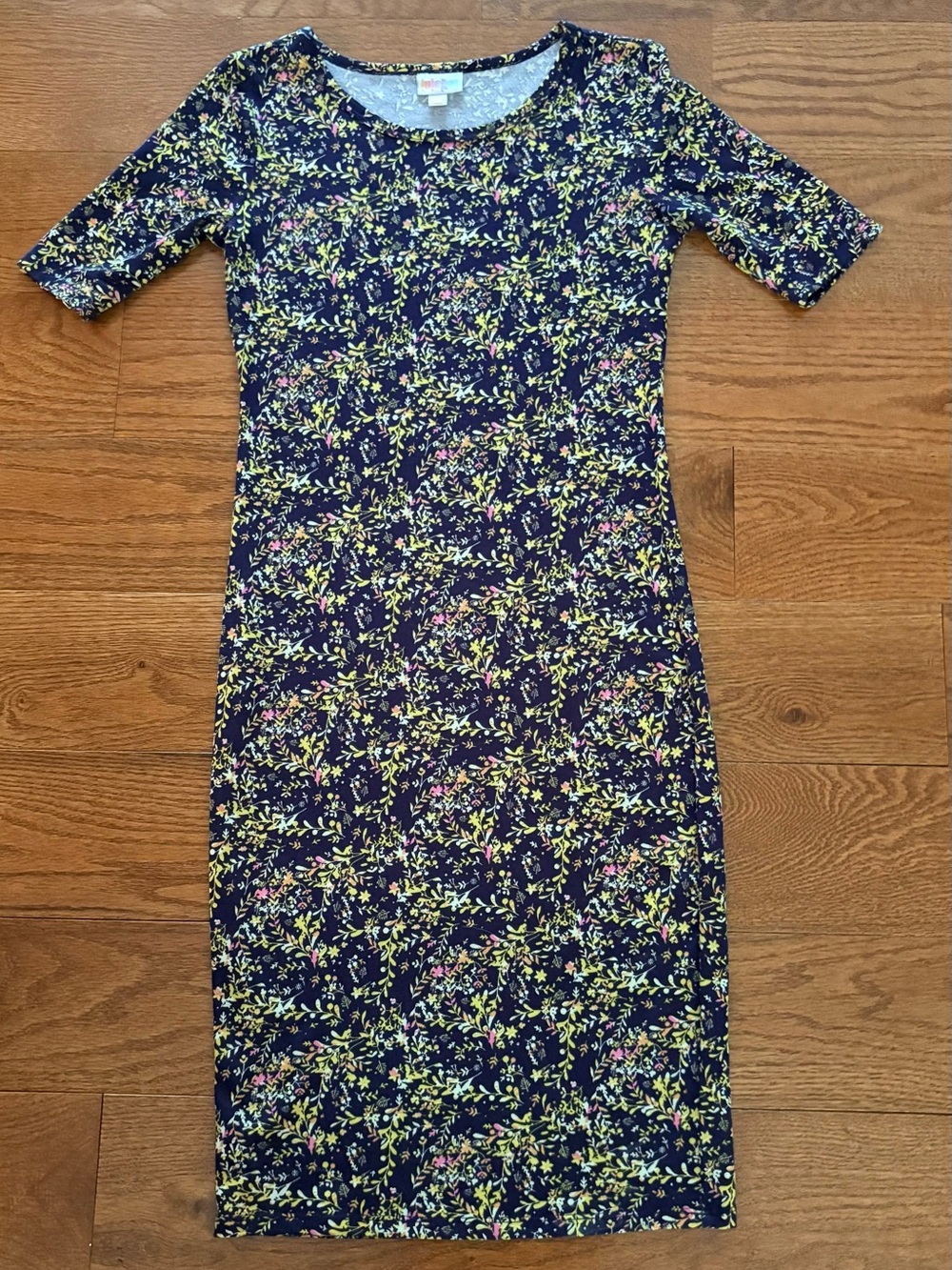 LuLaRoe Navy Floral Dress with Yellow, White, and Pink Accents